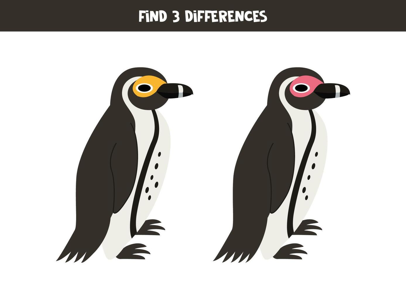 encontrar 3 diferenças entre dois fofa desenho animado africano pinguins. vetor