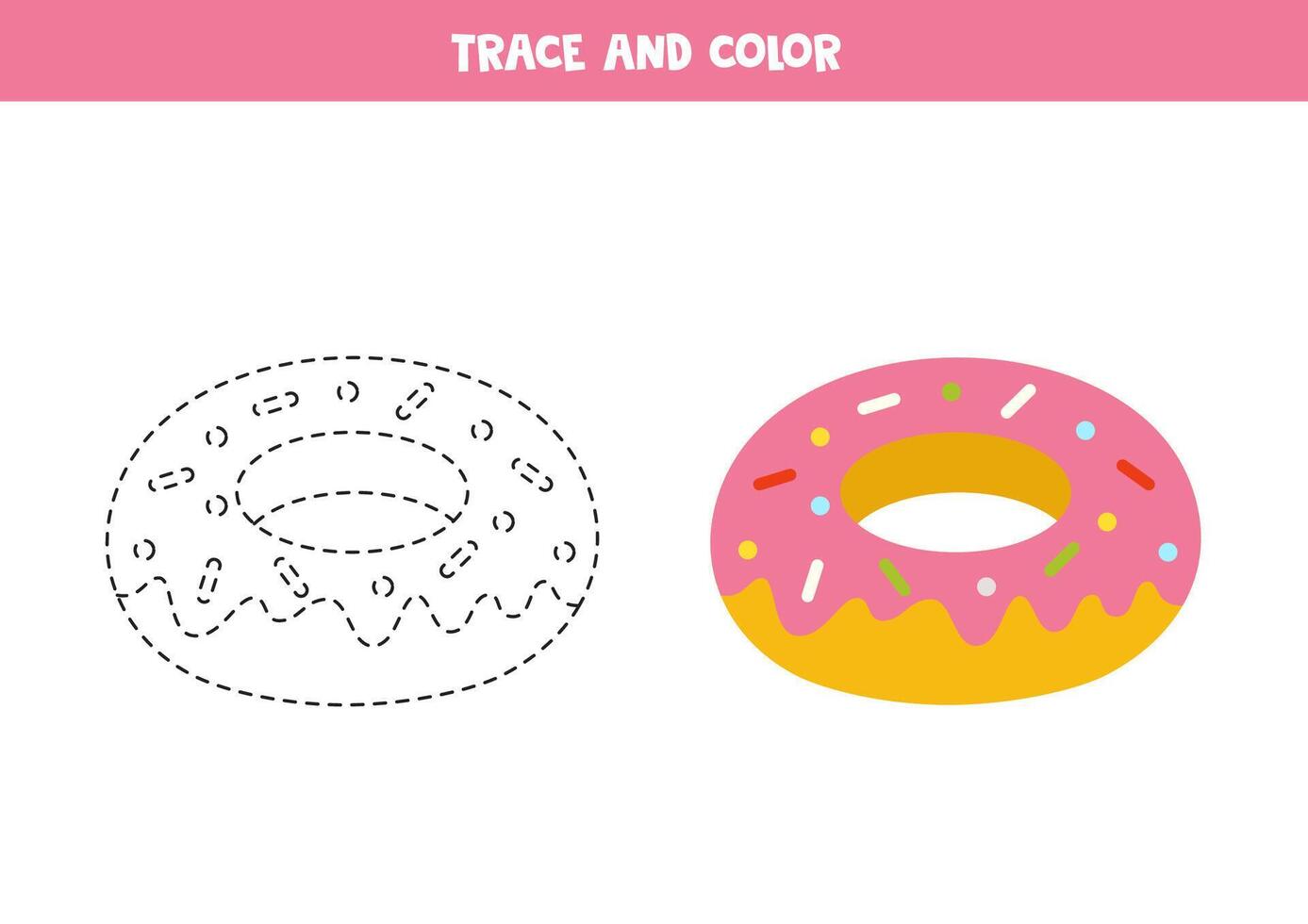 vestígio e cor fofa desenho animado rosquinha. imprimível planilha para crianças. vetor