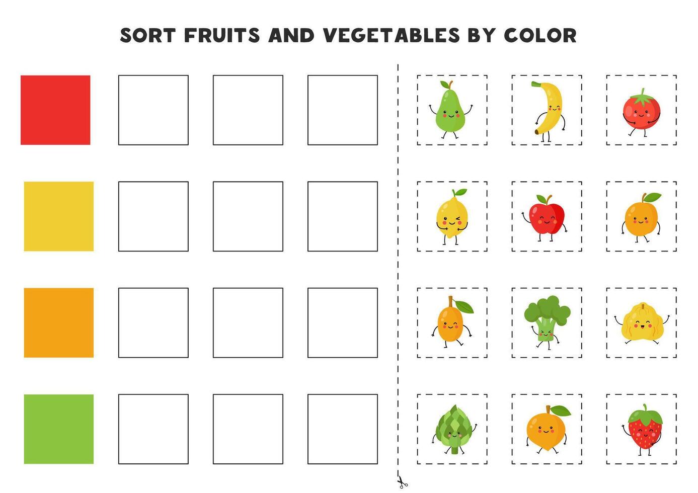 ordenar frutas e legumes de cor. básico cores para crianças. jogos para crianças. cortar e cola. vetor