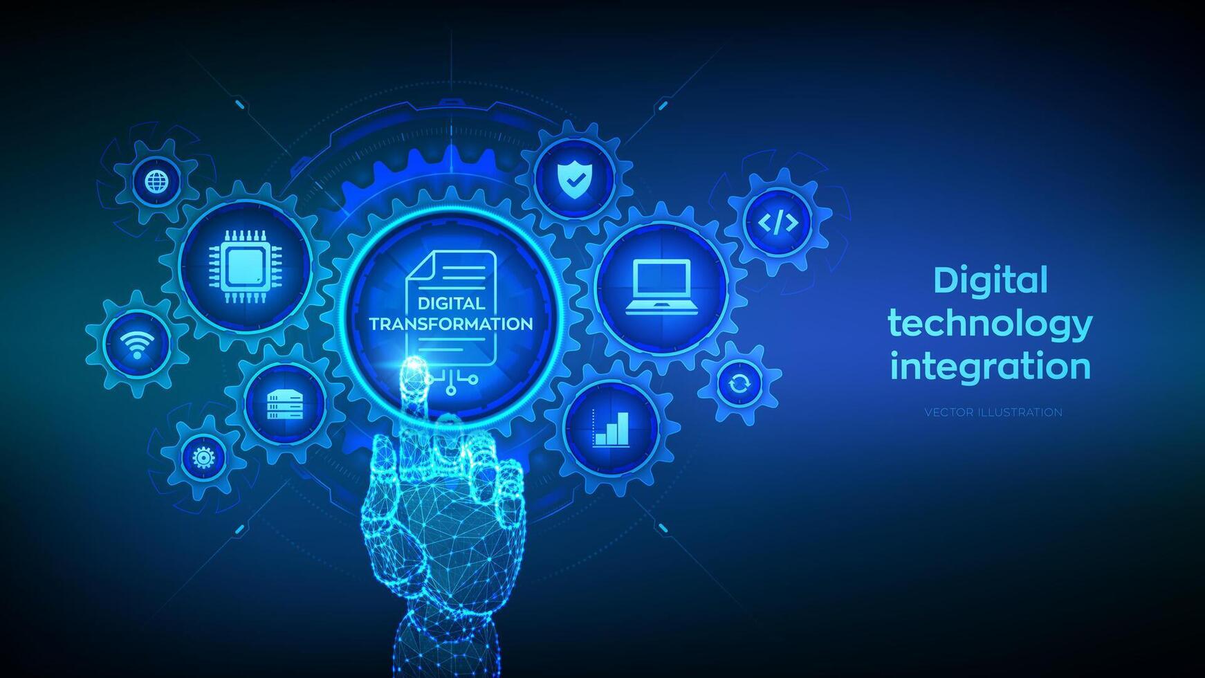 digital transformação conceito. digitalização do o negócio processos e moderno tecnologia. interrupção, inovação. mão tocante digital interface com conectado engrenagens engrenagens, ícones. vetor ilustração.