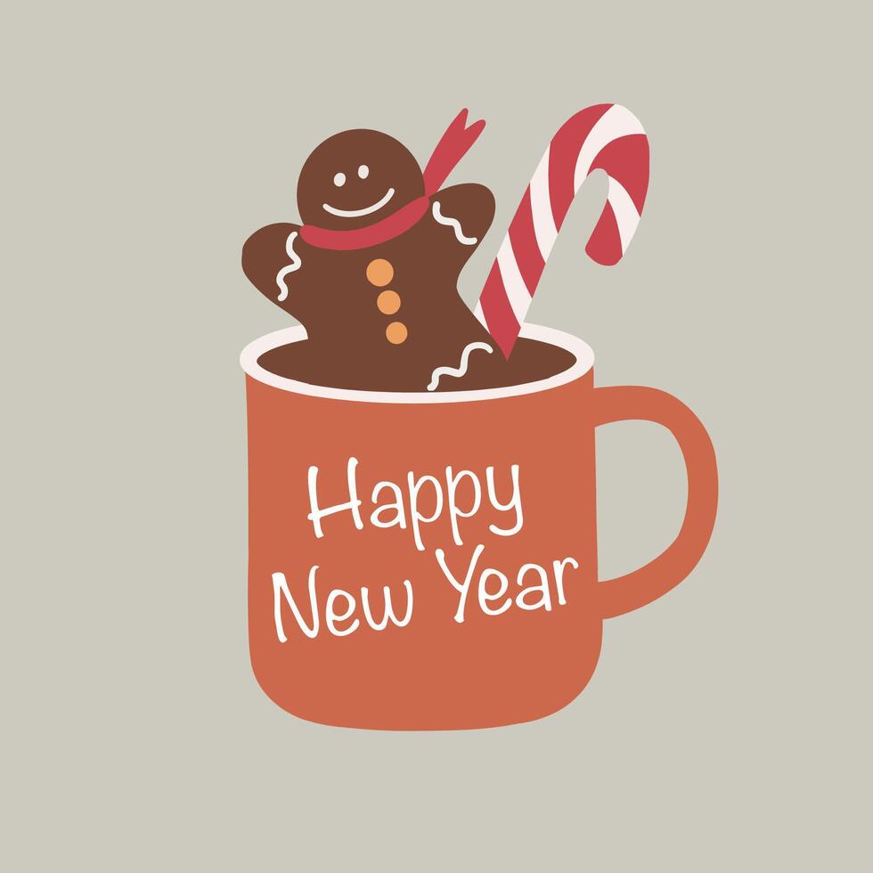 copo do quente chocolate, cacau ou café, e Pão de gengibre homem, doce. Natal e feliz Novo ano poster Projeto. Boa para cumprimento cartões, cardápio. mão desenhado vetor ilustração