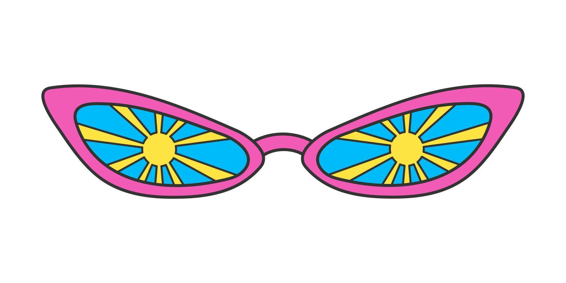 elegante oculos de sol dentro uma groovy hippie estilo isolado em uma branco fundo. vintage retro cores, Sol impressão em vidro. psicodélico vetor néon rabisco adesivo, anos 70.