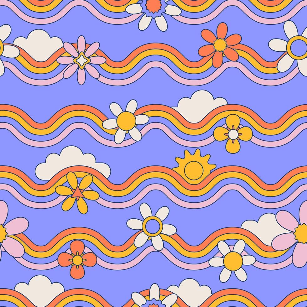 desatado padronizar com margarida flor, nuvens e ondulado arco Iris em azul céu fundo vetor ilustração. groovy hippie verão fundo.