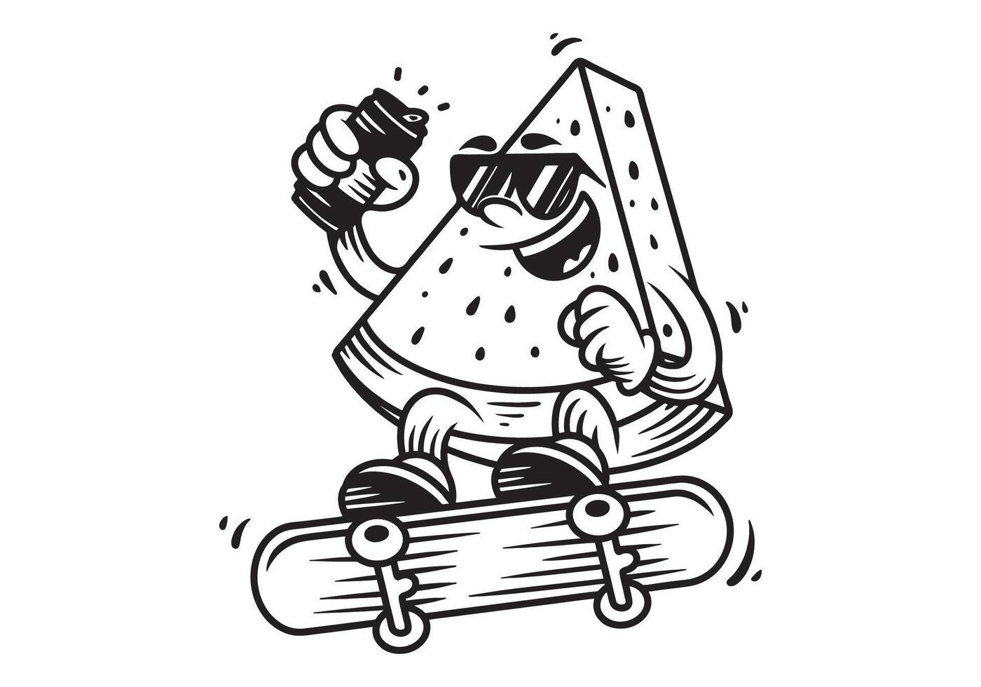 linha arte personagem do Melancia pulando em a skate. segurando uma Cerveja pode vetor