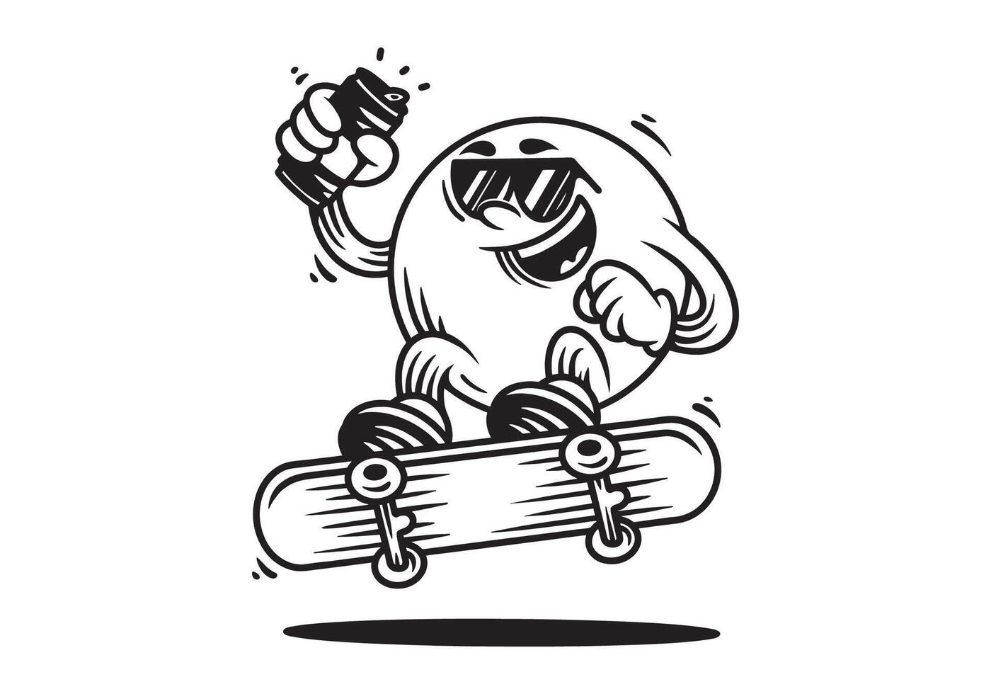 linha arte personagem do bola cabeça pulando em a skate. segurando uma Cerveja pode vetor