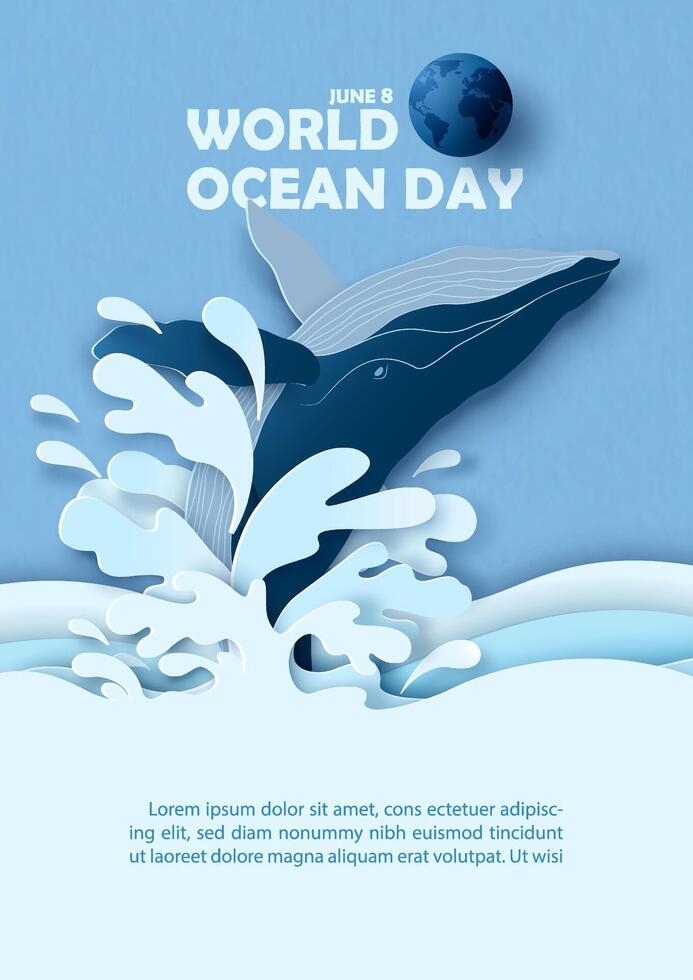 baleia pulando a oceano com espirrando água e redação do oceano dia em azul papel padronizar fundo. conceito poster campanha do mundo oceano dia dentro papel cortar estilo e vetor Projeto.