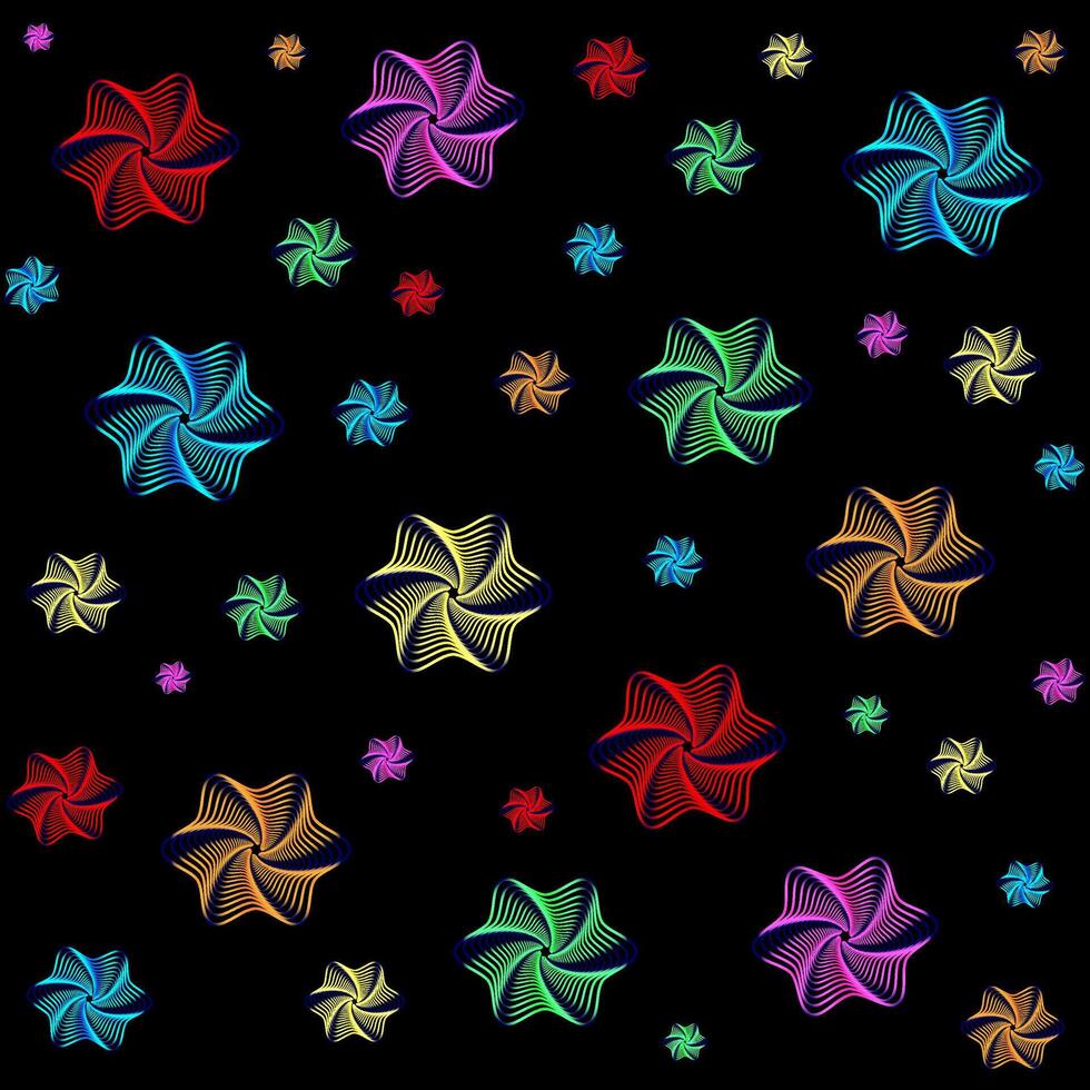 desatado arco Iris padronizar do abstrato flor, arcos, estrelas em uma Preto fundo, vetor ilustração para qualquer Projeto