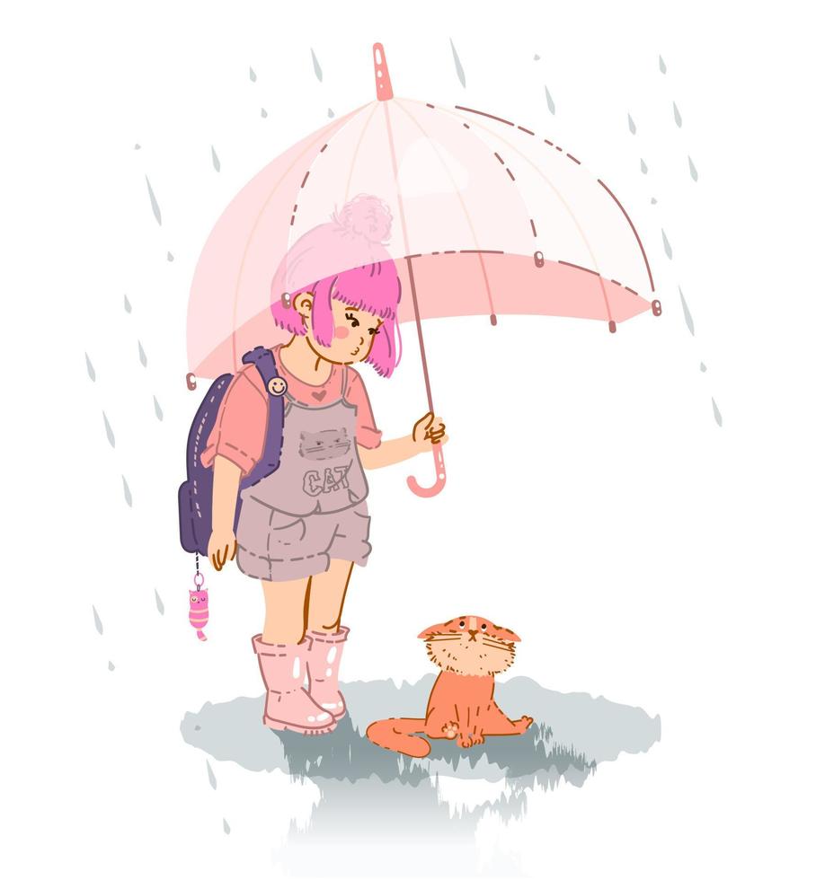 menina bonita com um gato sob um guarda-chuva na chuva. ilustração vetorial isolada vetor