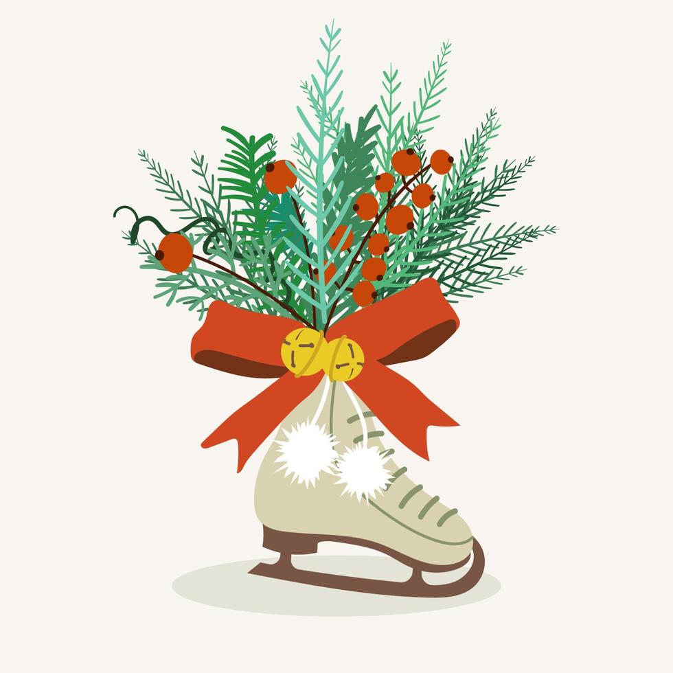 elemento de decoração do feriado de patins de inverno com laço vermelho, sinos e ramos de abeto. cartão de Natal. mão desenhar ilustração vetorial vetor