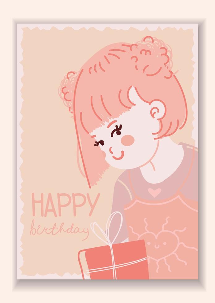 cartão elegante com uma menina bonitinha sorridente com um presente. letras de feliz aniversário. cartão em design plano com animais. ilustração vetorial. todos os objetos estão isolados vetor