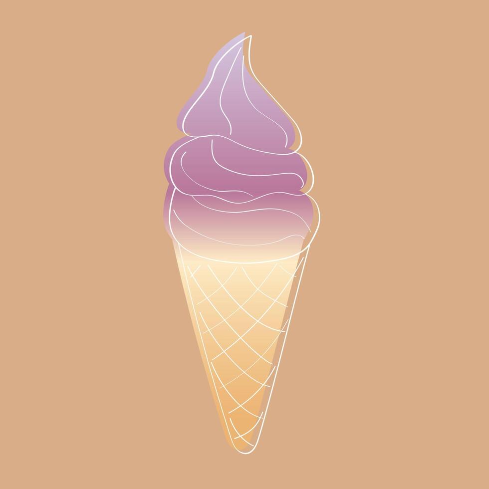 uma solteiro estilo doodle gelo creme cone com três colheres e uma waffle cone, colocada em uma avião Castanho fundo. a cone é colorida e visualmente atraente vetor