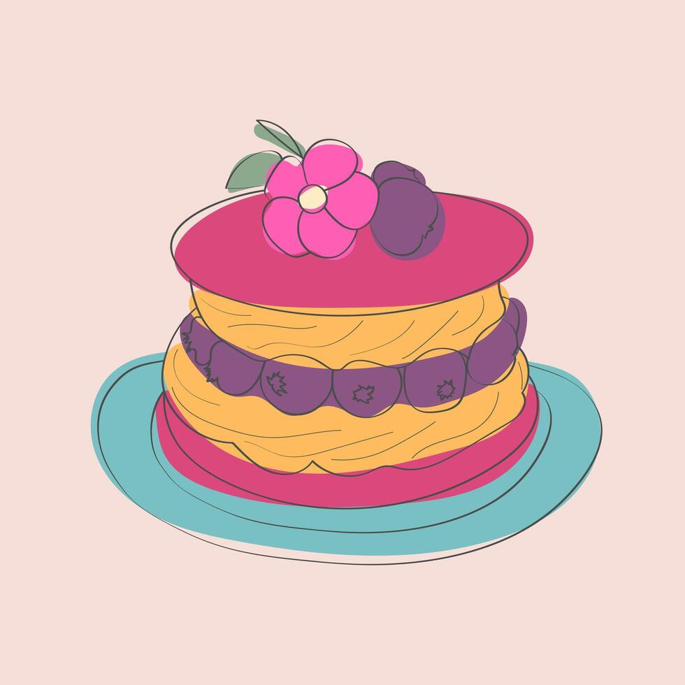 uma desenhado à mão ilustração do uma bolo com uma delicado flor em topo. a bolo é decorado com intrincado detalhes e geada vetor