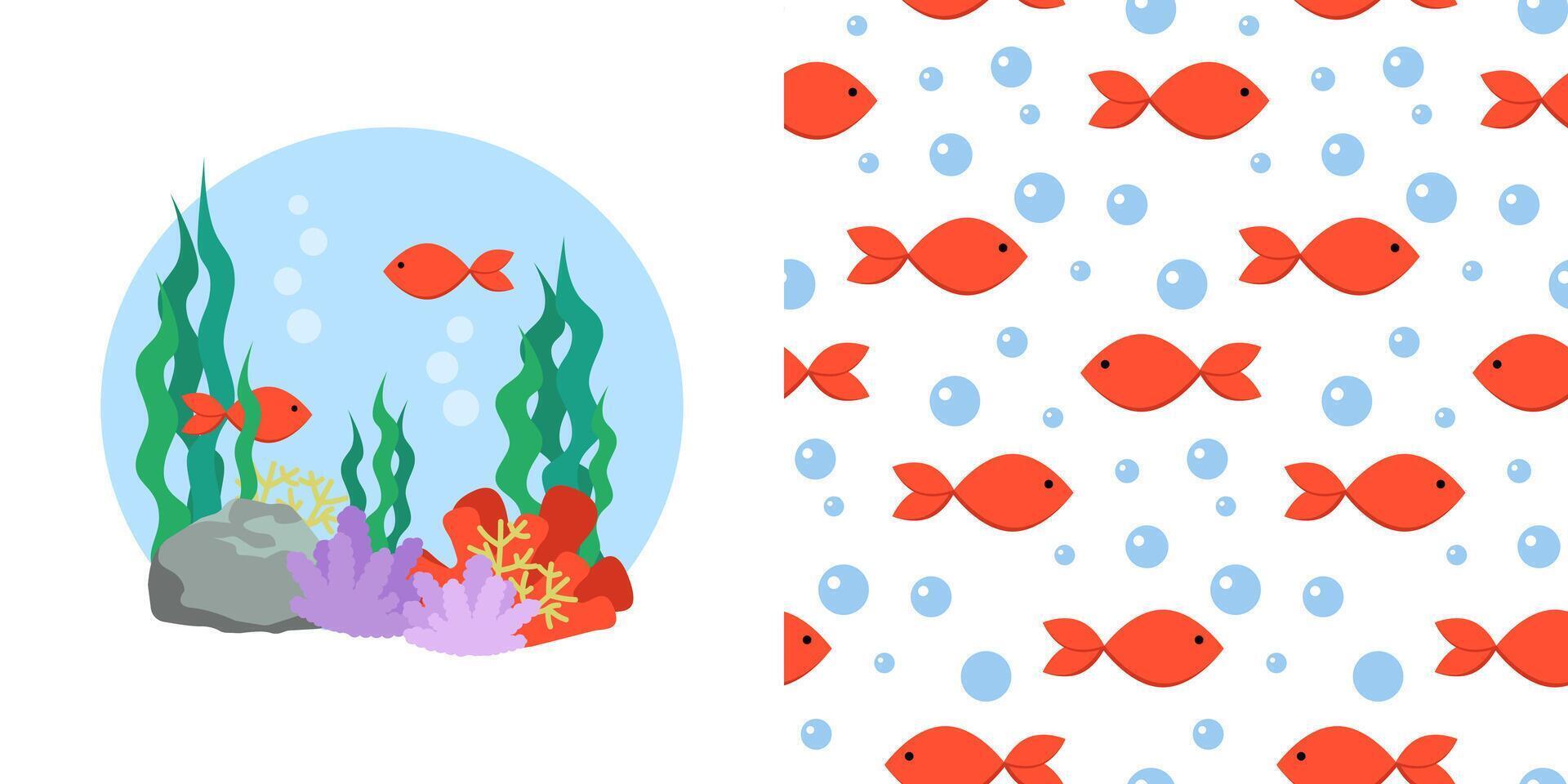 infantil desatado padronizar com vermelho peixes e embaixo da agua fauna. fofa impressão para crianças vestuário, tecido, camiseta impressão vetor