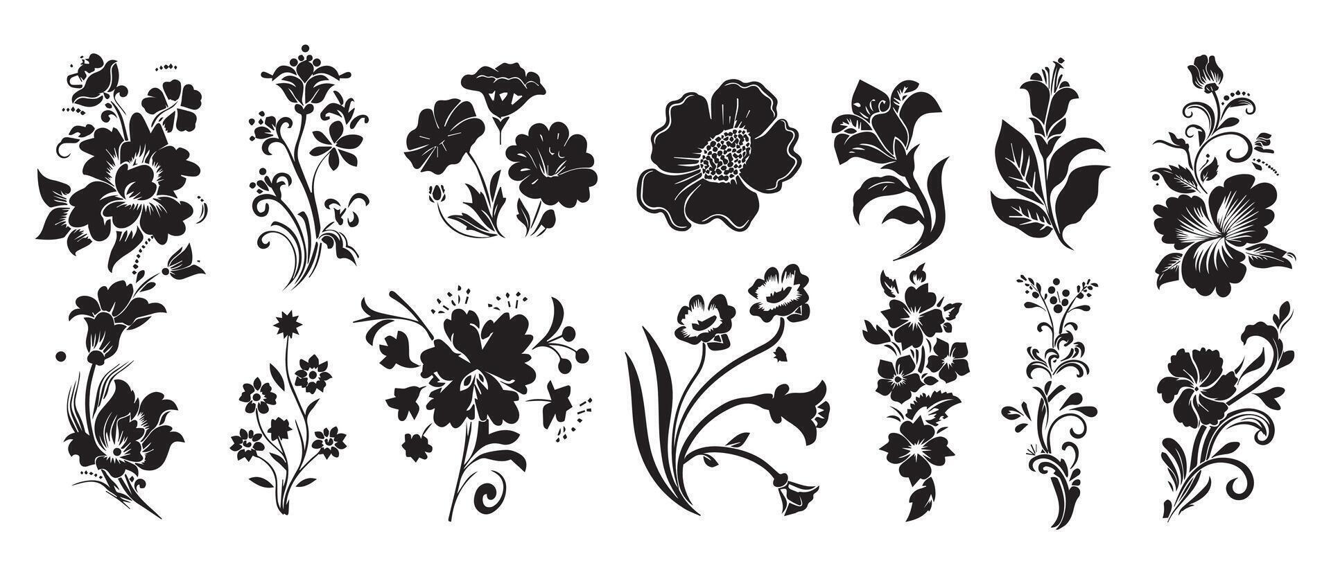 vetor ampla conjunto do vários plantar folhas e flores, esboços do silhuetas, desenhos. rabisco esboço para vetor tatuagem