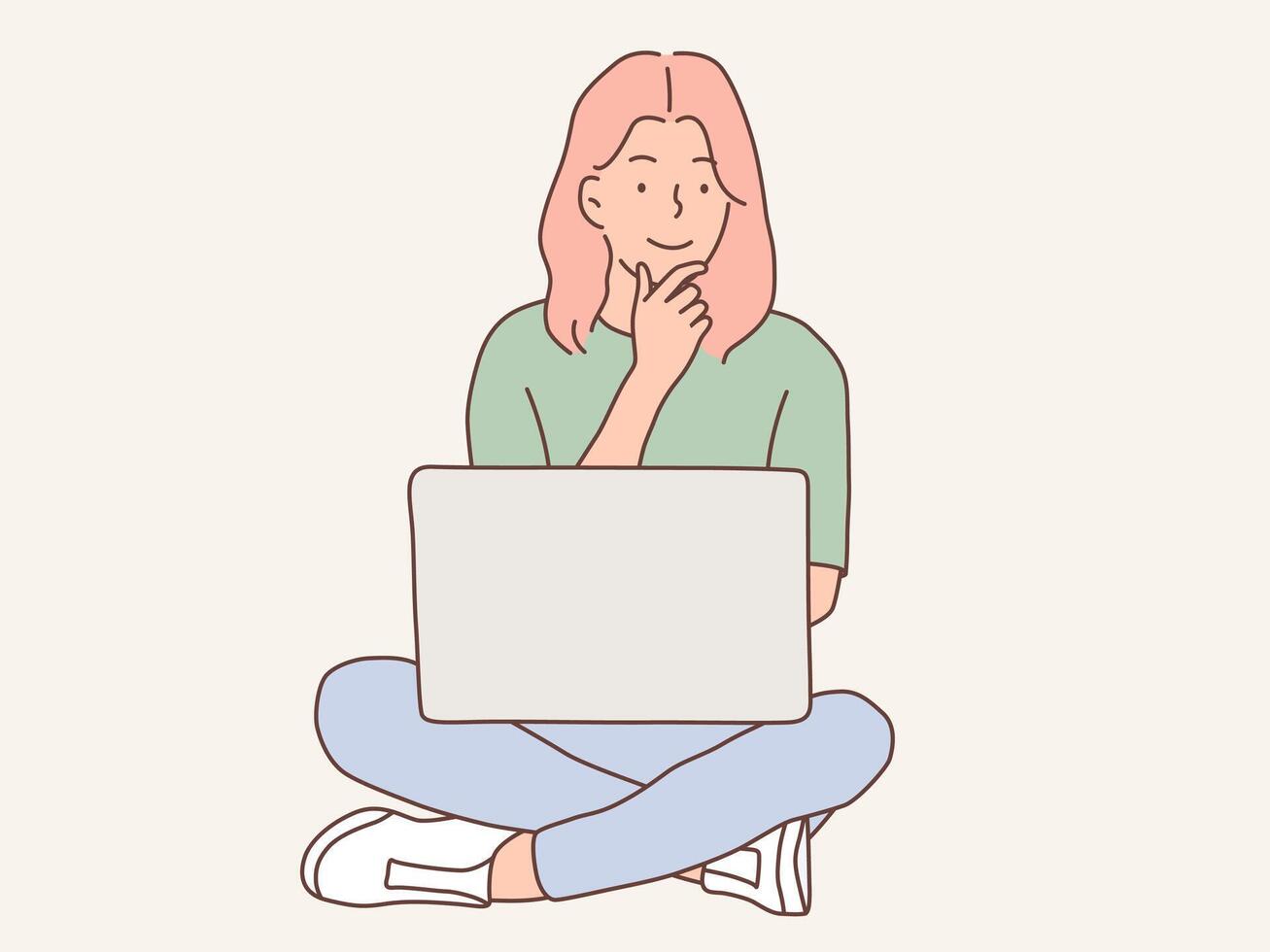mulher sentado trabalhando com computador portátil vetor ilustração
