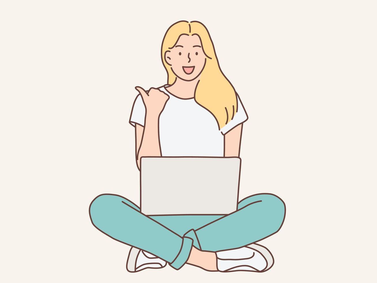 mulher sentado trabalhando com computador portátil vetor ilustração