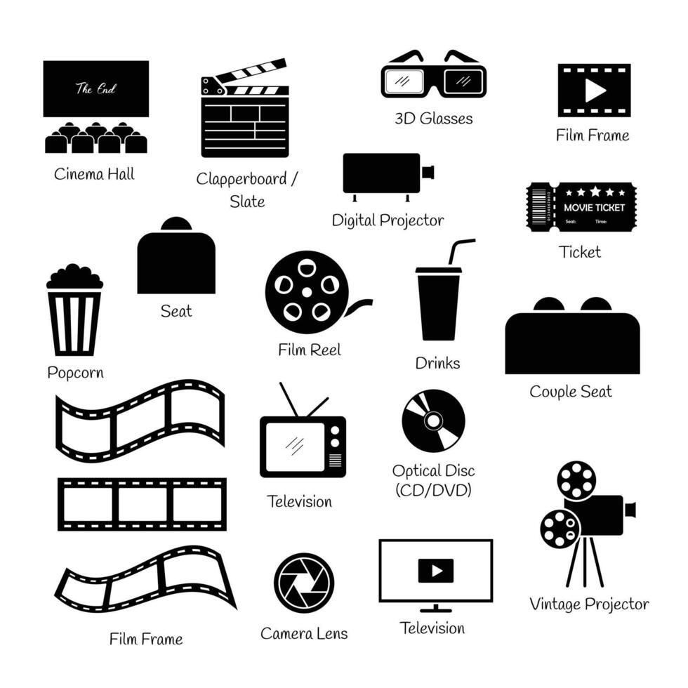 conjunto do cinema elementos vetor plano silhueta ícone isolado em branco fundo. simplesmente símbolos para cinema, filme indústria conceito.