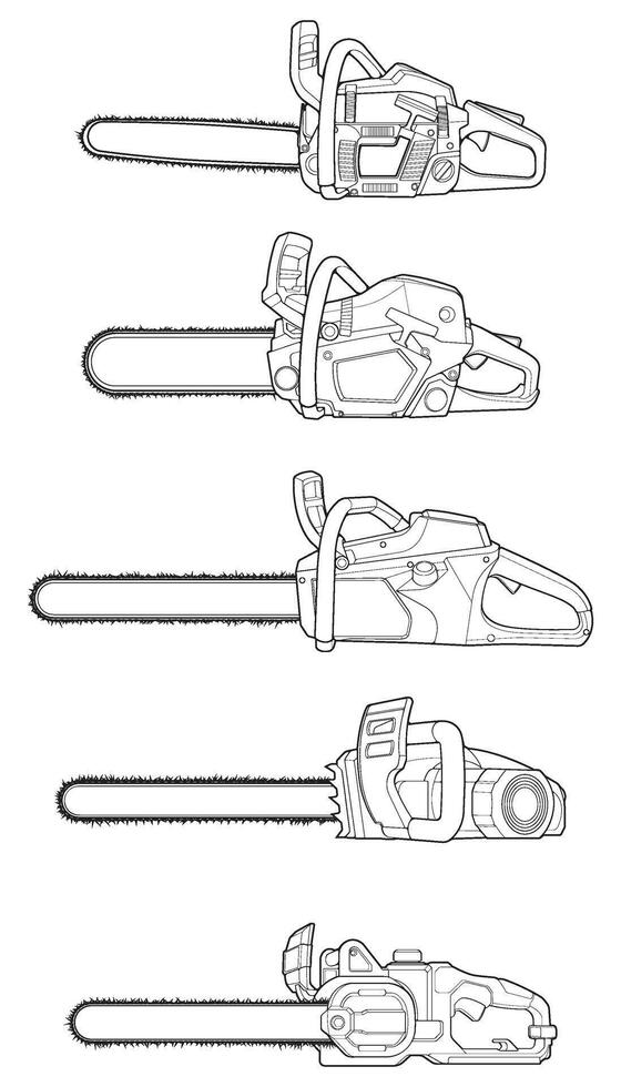 empacotamento conjunto do motosserra isolado ilustração, vetor arte, motosserra vetor, gasolina cadeia serra, moderno serra elétrica, arte conceito, vetor.