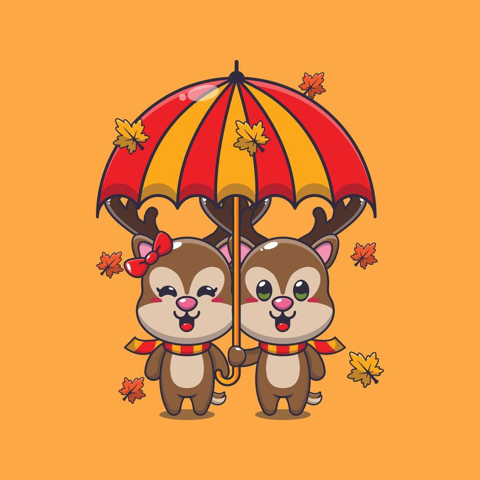 fofa casal veado com guarda-chuva às outono temporada. vetor