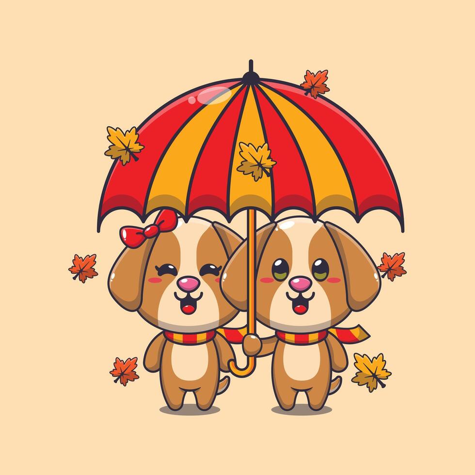 fofa casal cachorro com guarda-chuva às outono temporada. vetor