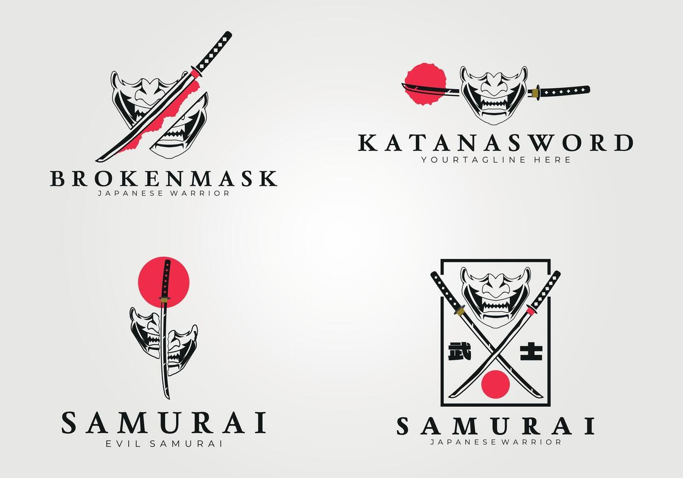 conjunto do Katana espada e mascarar diabo logotipo vintage vetor ilustração conceito modelo ícone e Projeto
