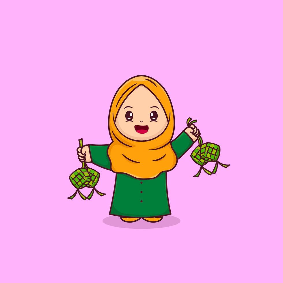 vetor ilustração do muçulmano meninas a comemorar eid al-fitr segurando ketupat.