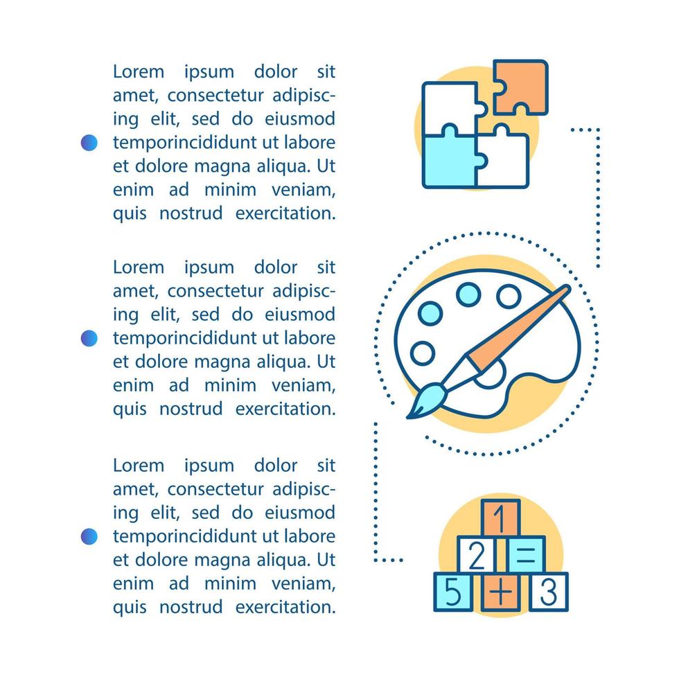 modelo de vetor de página de artigo de atividades de crianças indoor. jogos educativos. folheto, revista, elemento de design de livreto com ícones lineares e caixas de texto. design de impressão. ilustrações de conceito com espaço de texto