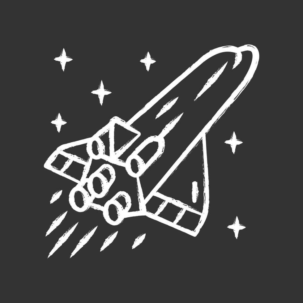 ícone de giz de nave espacial. nave espacial voadora. veículo aeroespacial. nave espacial interestelar. míssil, aeronave. voo espacial humano. exploração espacial. ilustração vetorial isolado quadro-negro vetor