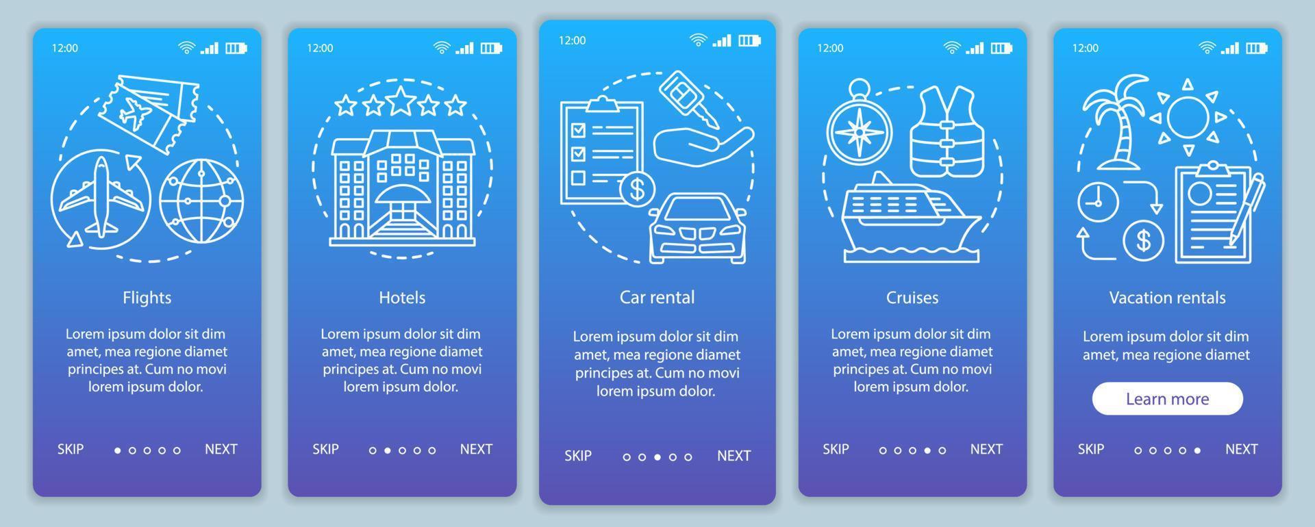 planejador de viagens modelo de vetor de tela de página de aplicativo móvel onboarding. hotel, voo, cruzeiro, aluguel por temporada. passo a passo do site com ilustrações lineares. conceito de interface de smartphone ux, ui, gui