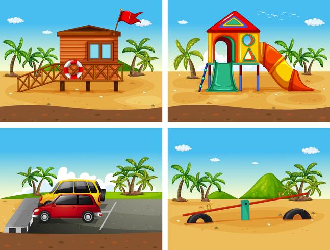 Quatro cenas de praia com parque infantil e estacionamento diferentes vetor