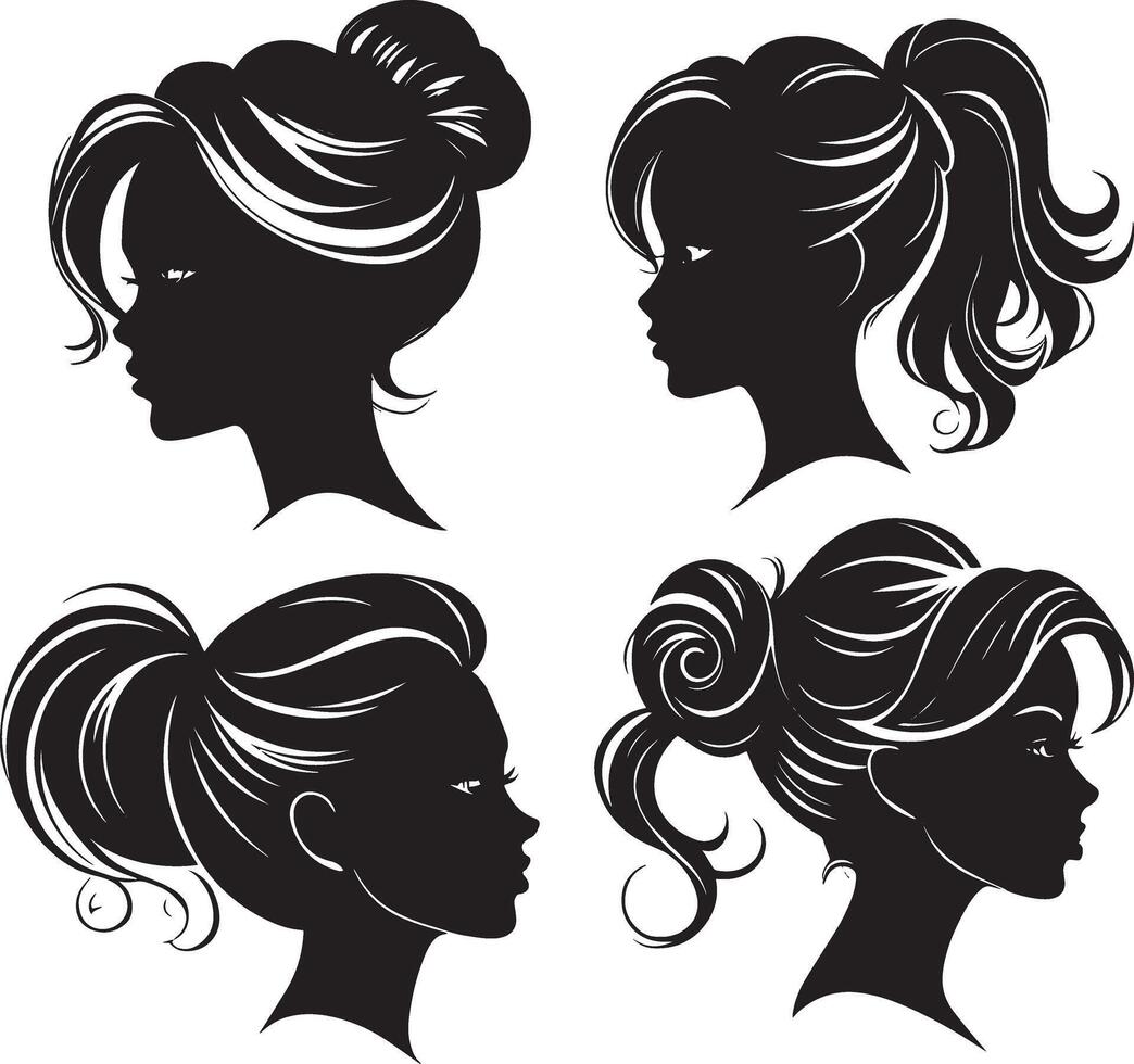 conjunto do vetor mulher cabeça com diferente penteados silhuetas moda e beleza ilustração