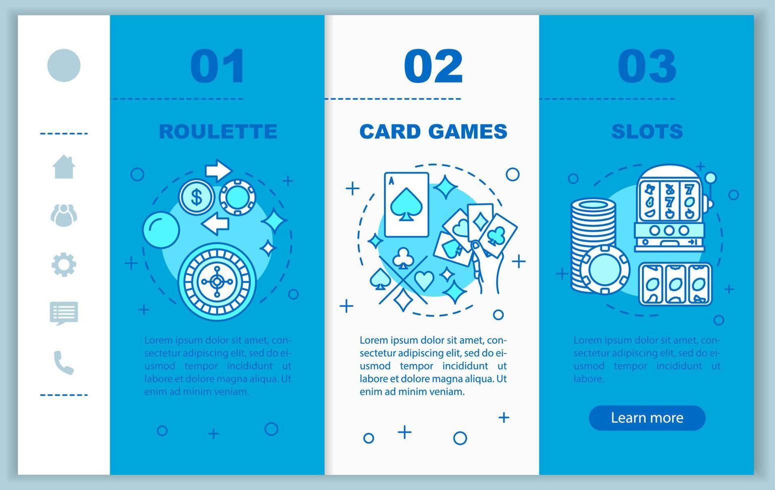 modelo de vetor de páginas da web móvel de integração de jogos de cassino. roleta, slots, jogos de cartas. ideia de interface de site de smartphone responsivo com ícones lineares. telas de passo a passo da página da web. conceito de cor