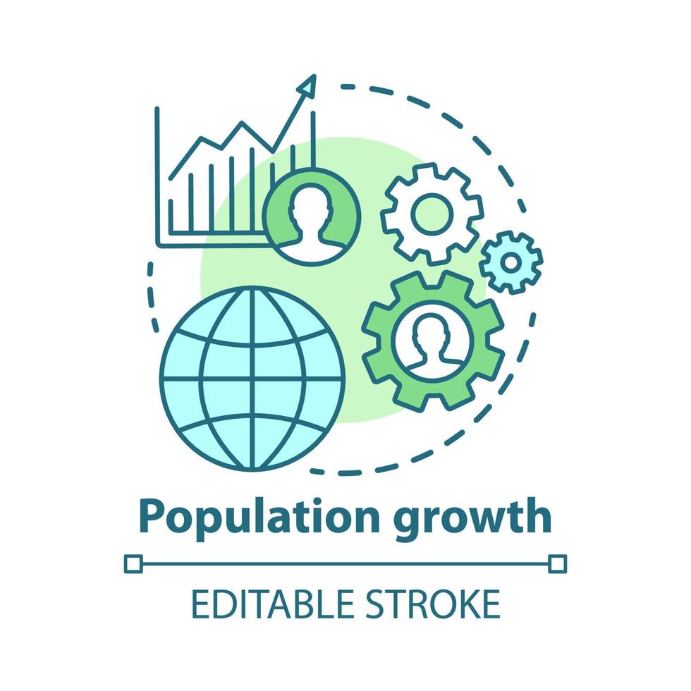 ícone do conceito de crescimento populacional. ilustração de linha fina da ideia de superpopulação humana do mundo. número crescente de pessoas. problema demográfico. desenho de contorno isolado do vetor. curso editável vetor