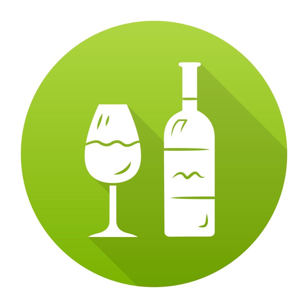 ícone de glifo sombra longa design plano verde vinho. garrafa e copo clássico com pés de vinho. degustação de videiras. bebida alcoólica de uvas ou frutas fermentadas. ilustração da silhueta do vetor