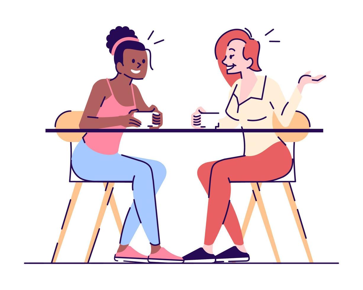 ilustração em vetor plana namorada conversa. conversar enquanto toma um café com um amigo. fofocas. duas meninas conversando em um café, personagens de desenhos animados isolados com elementos de contorno em fundo branco