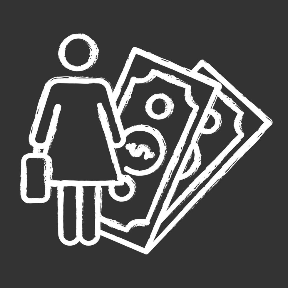 ícone de giz de atividade econômica feminina. direitos da mulher, igualdade de gênero. carreira financeira feminina. mulher de negócios bem-sucedida. capital, dinheiro, negócios. feminismo. ilustração vetorial isolado quadro-negro vetor