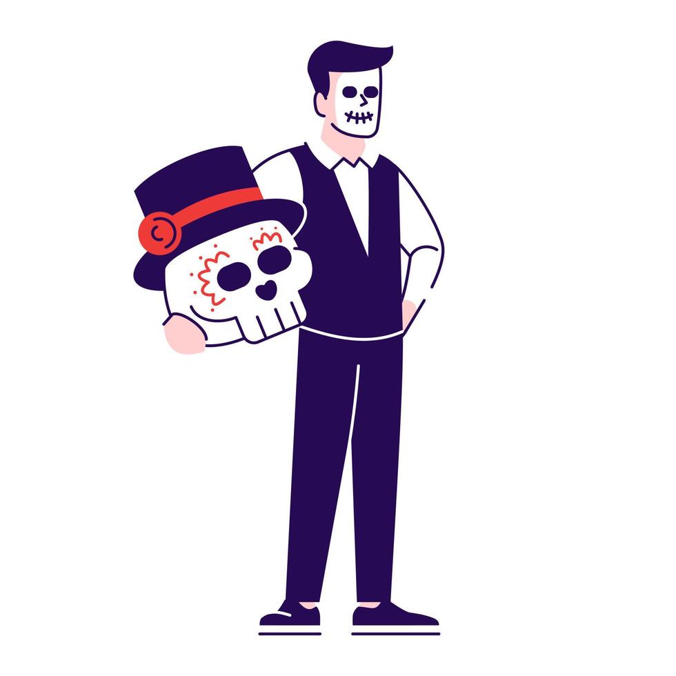 homem vestindo o dia mexicano de ilustrações vetoriais plana de traje morto definido. personagem de desenho animado com elementos de contorno isolados no fundo branco. cara de açúcar. celebração do dia de los muertos vetor