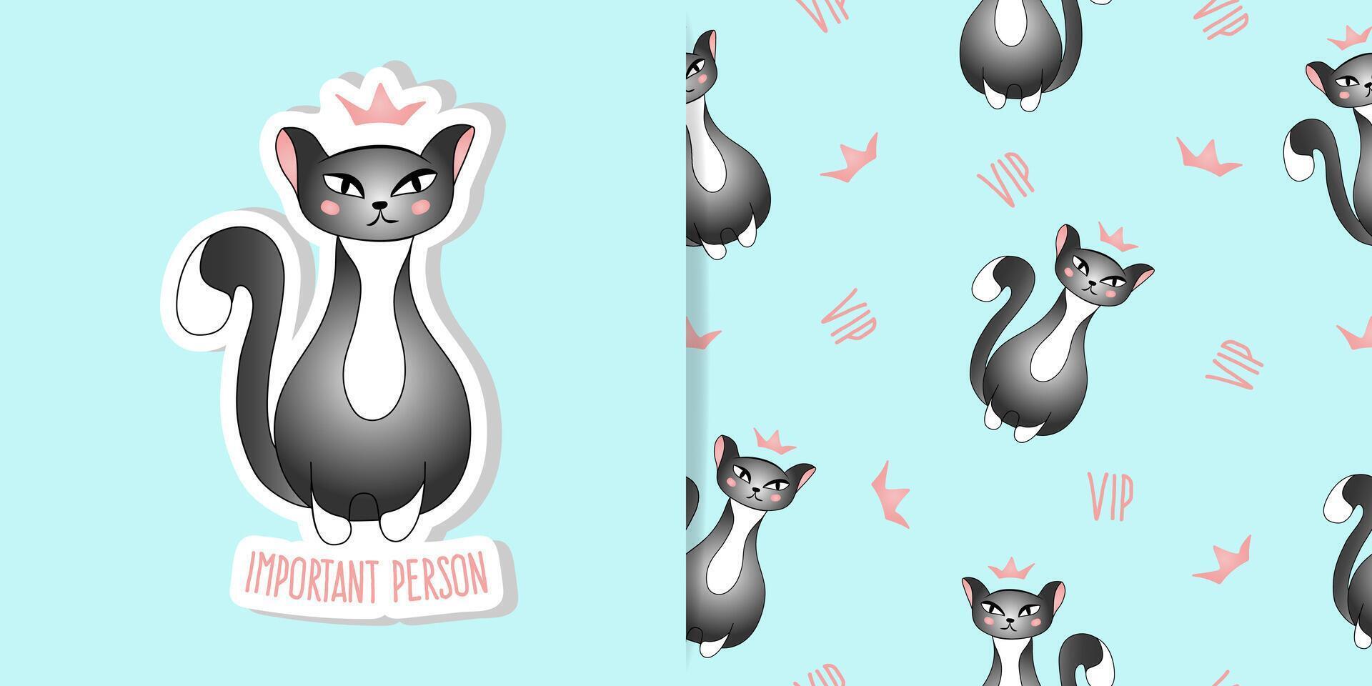 conjunto do cartão e desatado padronizar com fofa cinzento gato em azul fundo. entre, Princesa gato, muito importante pessoa. vetor ilustração para crianças.