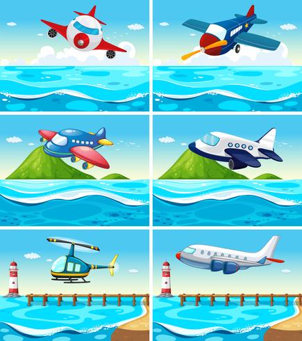 Aviões e helicópteros sobre o oceano vetor