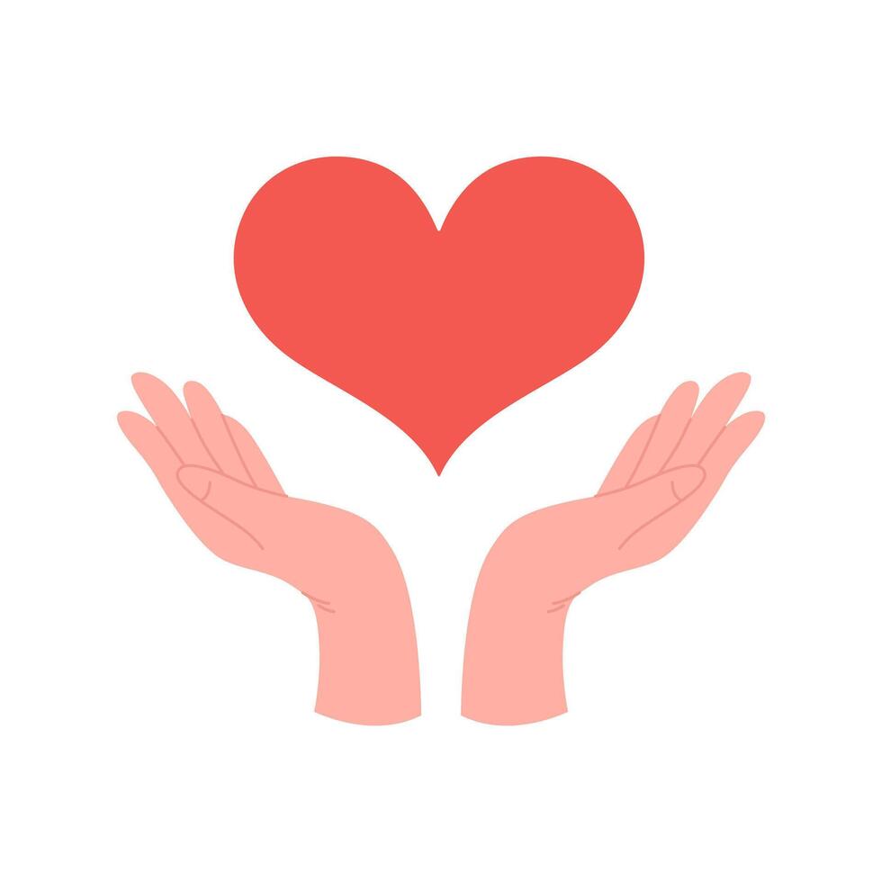 dois mãos aguarde vermelho coração. conceito do amor, caridade, filantropia e doação. vetor