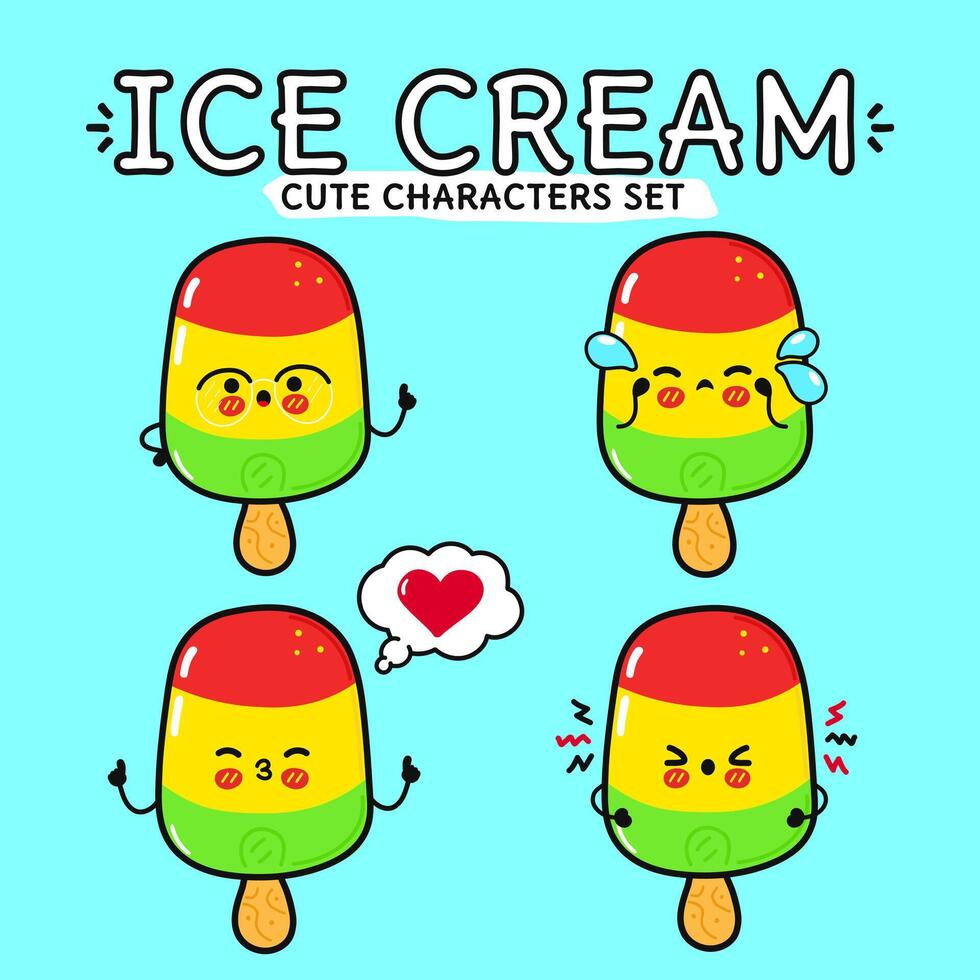 engraçado fofa feliz gelo creme personagens agrupar definir. vetor mão desenhado rabisco estilo desenho animado personagem ilustração. isolado em azul fundo. gelo creme sundae mascote personagem coleção