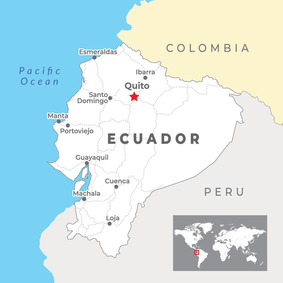 Equador mapa com capital Quito, a maioria importante cidades e nacional fronteiras vetor