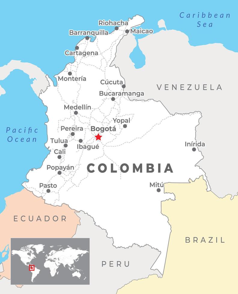 Colômbia mapa com capital bogotá, a maioria importante cidades e nacional fronteiras vetor