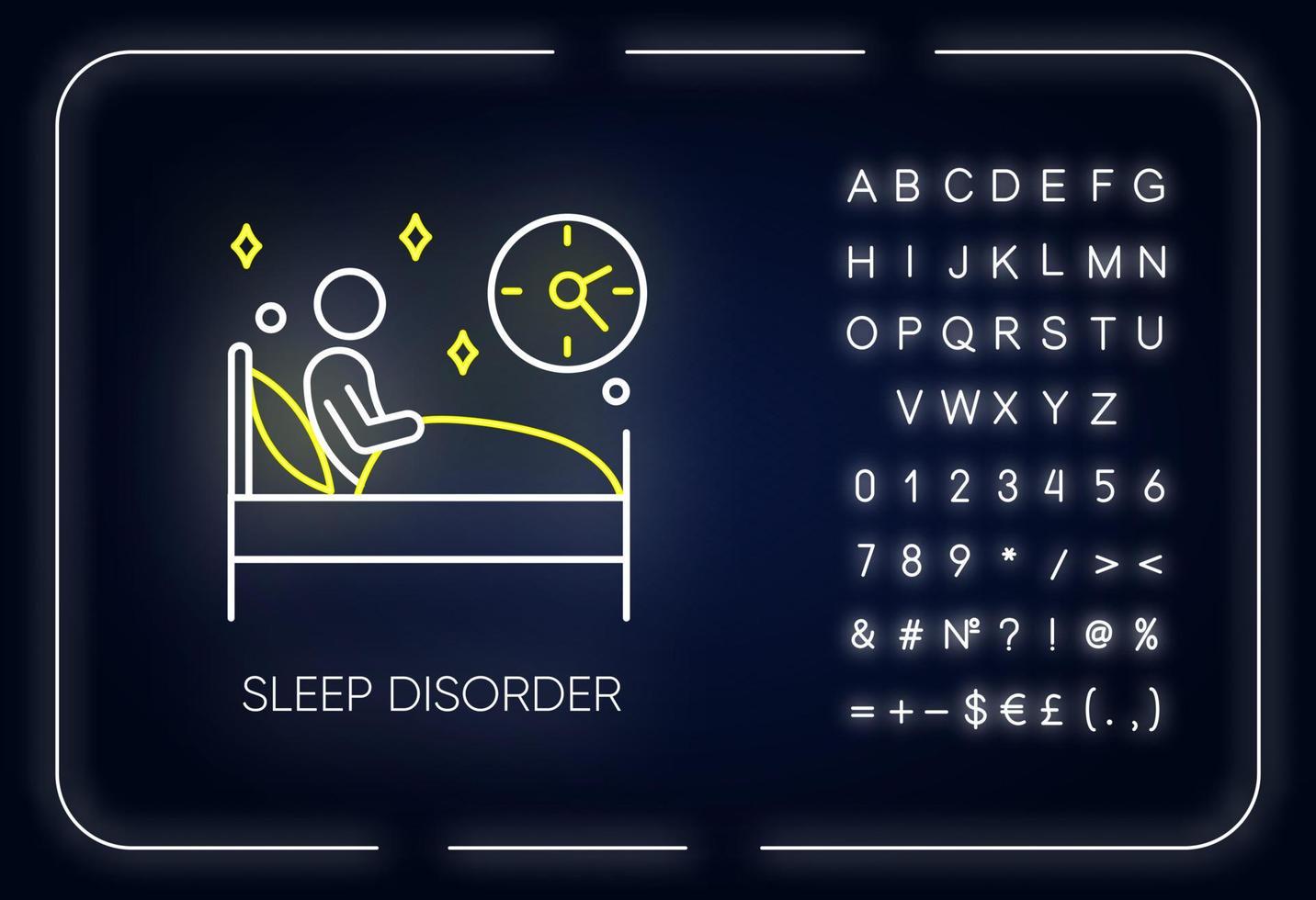 ícone de luz de néon de privação de sono. insônia. homem na cama. acordado à noite. sono perturbado. dissonia. distúrbio mental. sinal brilhante com alfabeto, números e símbolos. ilustração isolada do vetor