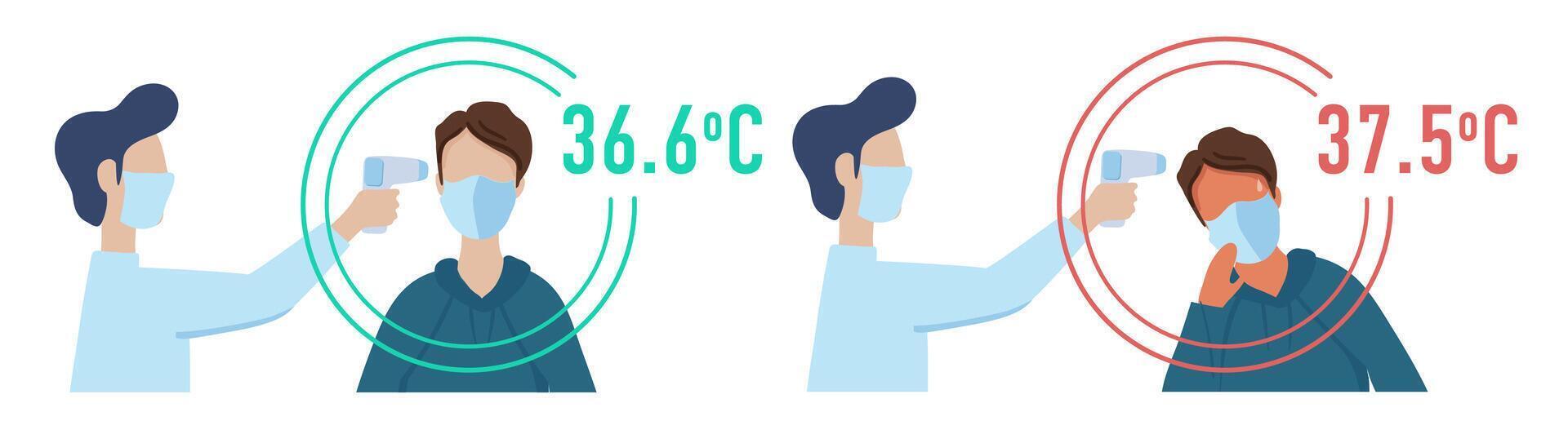 verificação corpo temperatura com a eletrônico termômetro. normal temperatura dentro uma saudável pessoa e Alto temperatura dentro uma doente pessoa. vetor