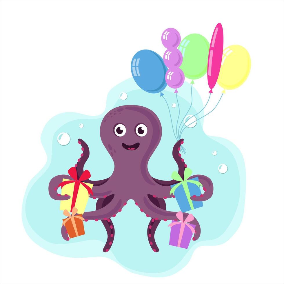 engraçado desenho animado polvo detém presentes e balões vetor