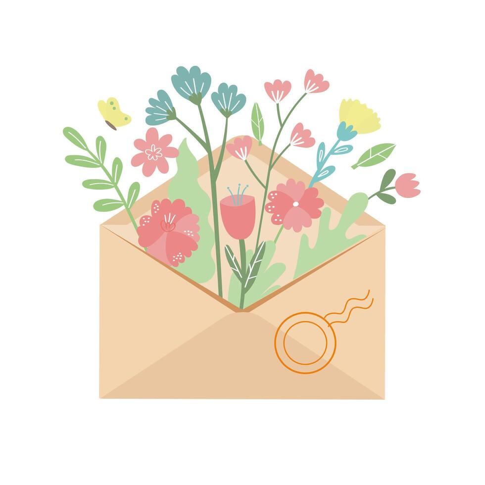 Primavera ramalhete dentro envelope. festivo mensagem. delicado flores, folhas, galhos. festivo Primavera cumprimento cartão vetor