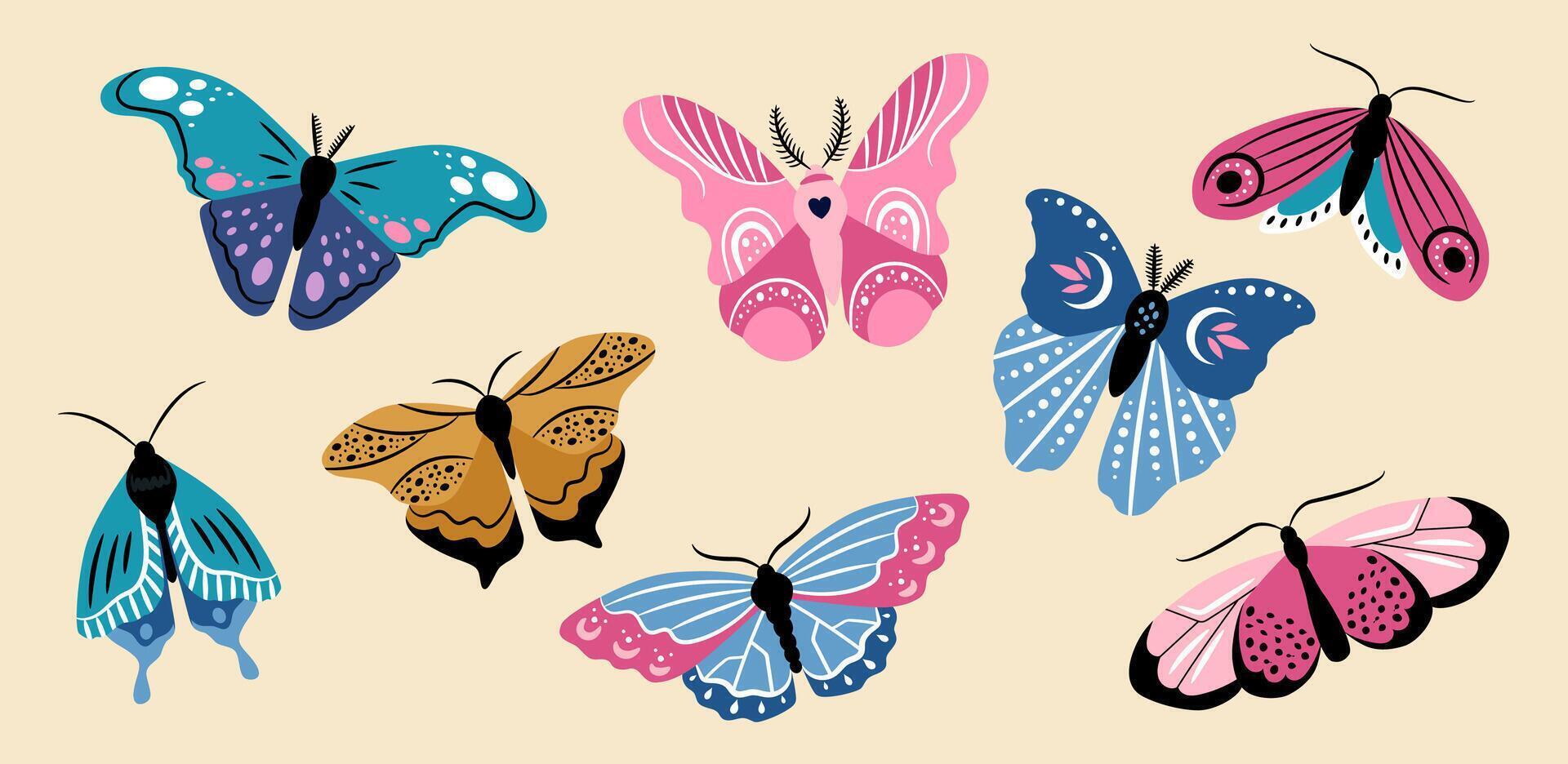 lindo borboletas do diferente formas em bege fundo. vetor colorida conjunto do ilustrações para a Projeto do embalagem, cartões, padrões.