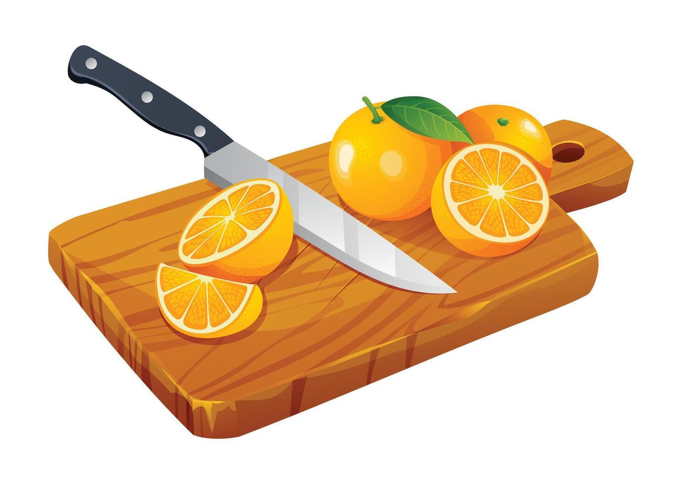 fresco todo, metade e cortar fatias laranja frutas com faca em de madeira corte borda. vetor desenho animado ilustração