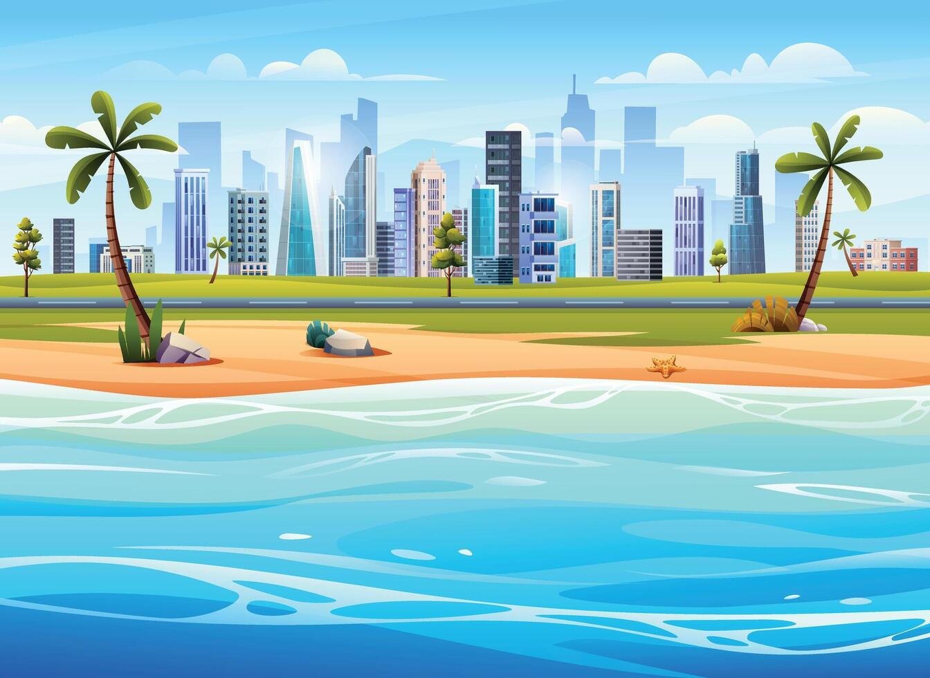 oceano de praia panorama com Palma árvores em a Beira Mar e paisagem urbana visualizar. tropical de praia panorama vetor desenho animado ilustração